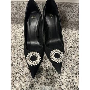 Zara Black Pointed Toe Crystal-Embellished Pumps